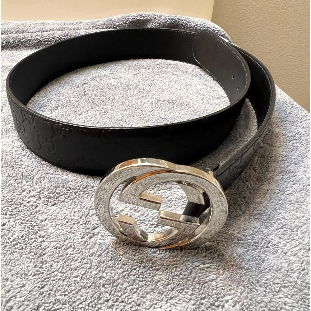 Gucci Black Embossed Leather Belt with Silver Interlocking G Buckle